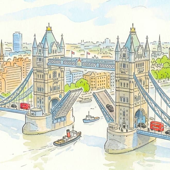 Watercolour illustration of Tower Bridge in London