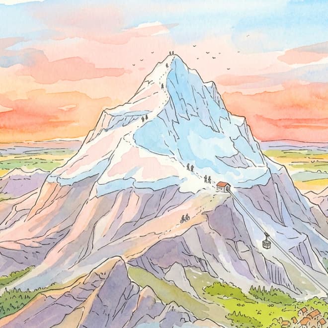 Watercolour illustration of an alpine mountain peak at sunset